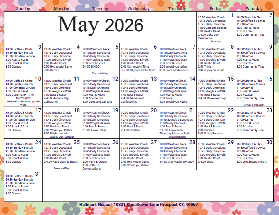 Sample calendar of events happening at the community