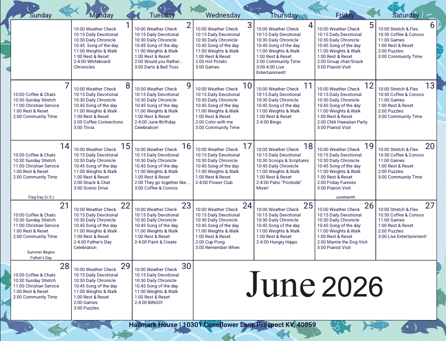 Sample calendar of events happening at the community